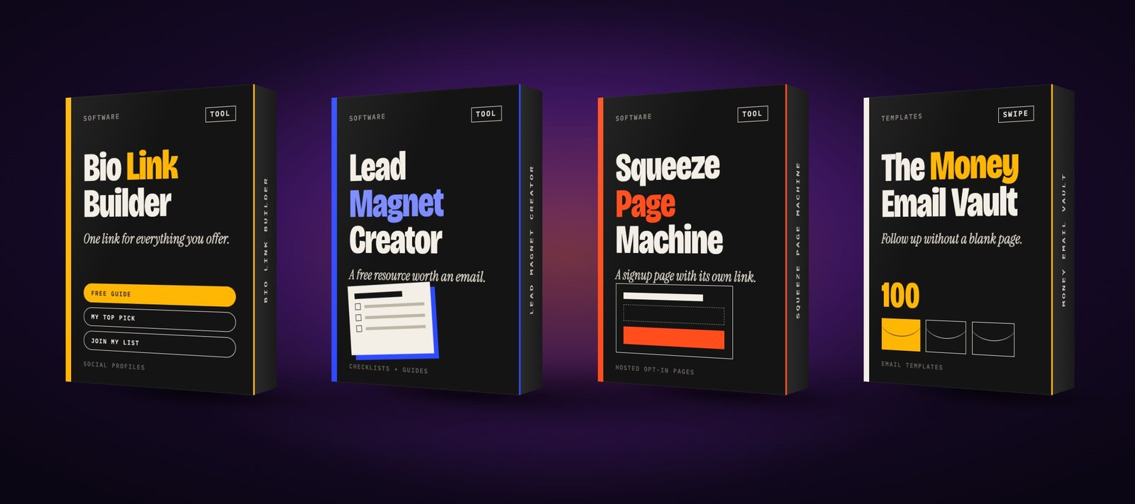 Bio Link Builder, Lead Magnet Creator, Squeeze Page Machine and The Money Email Vault